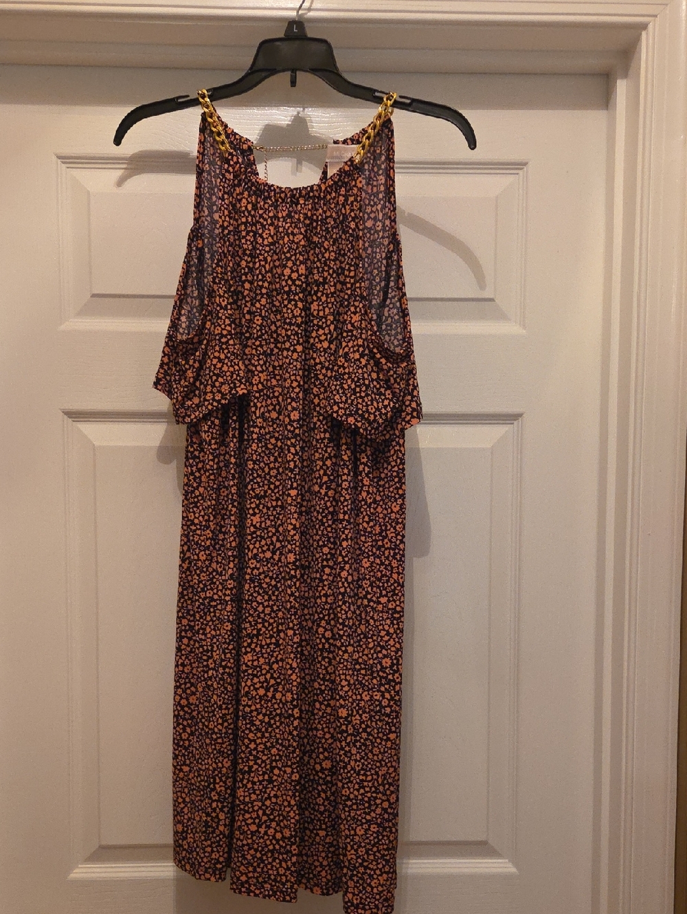 Michael Kors Navy and Peach Floral Cold Shoulder Dress with Gold Chain Straps